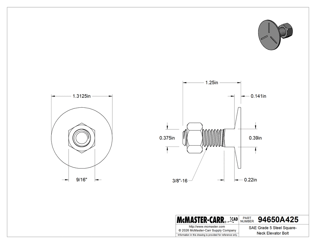 Technical Drawing of SAE Grade 5 Steel Square-Neck Elevator Bolt, Medium-Strength, 3/8"-16 Thread Size, 1-1/4" Long.